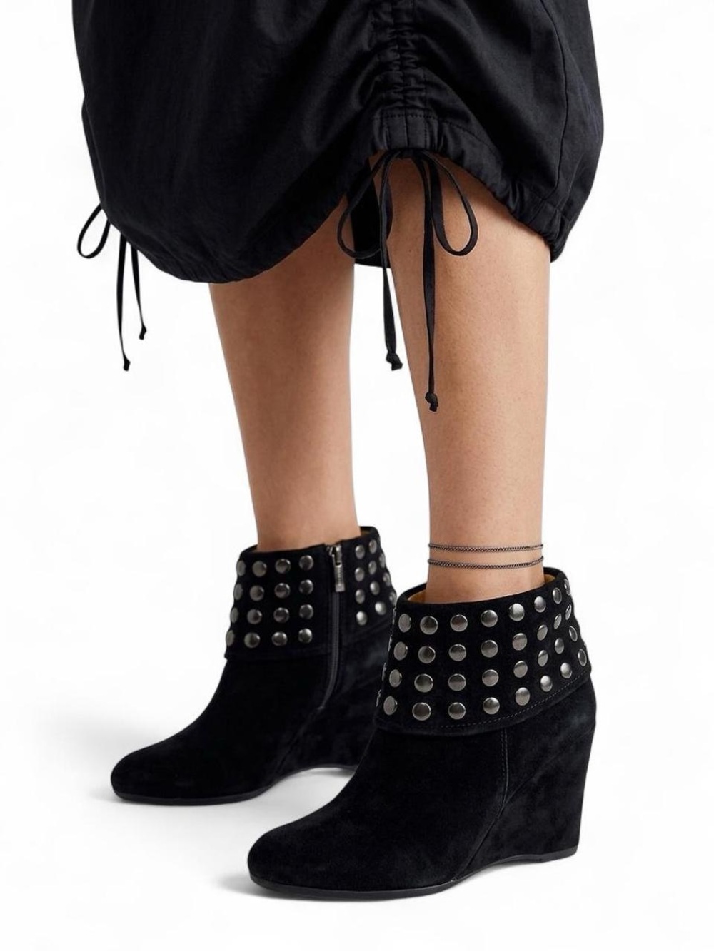 Anthropologie Bussola Black Suede Studded Ankle Wedge Booties Size 6-6.5 Grunge